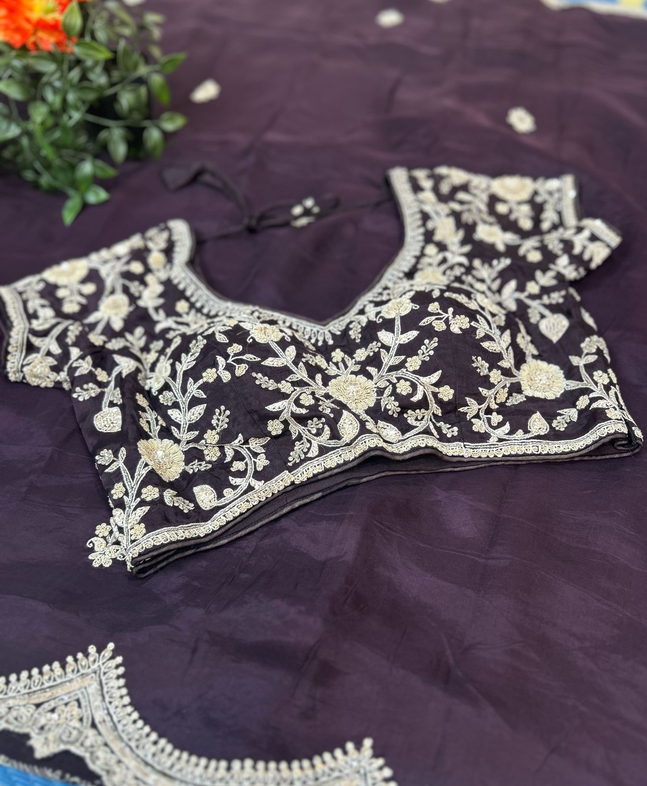 Dark wine handwork stitched blouse designer full sleeve party saree