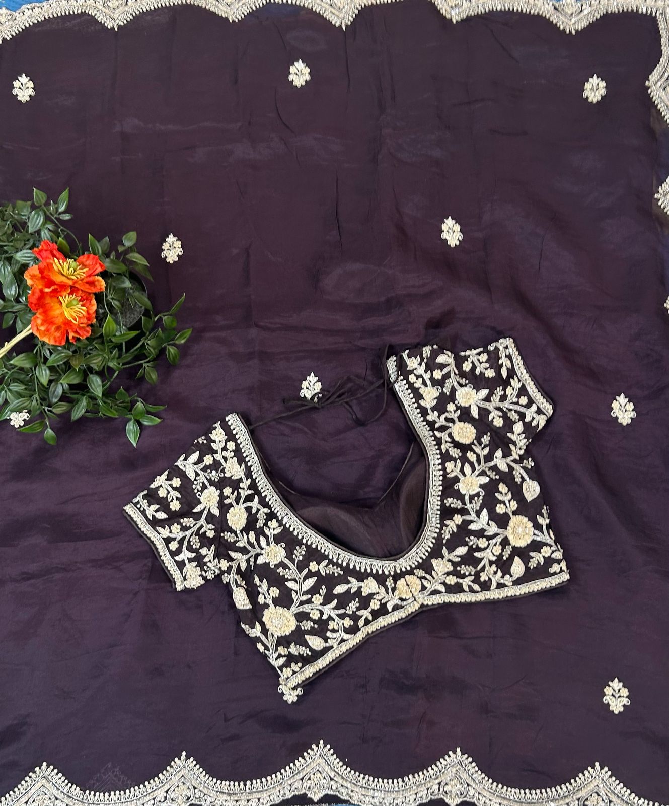 Dark wine handwork stitched blouse designer full sleeve party saree