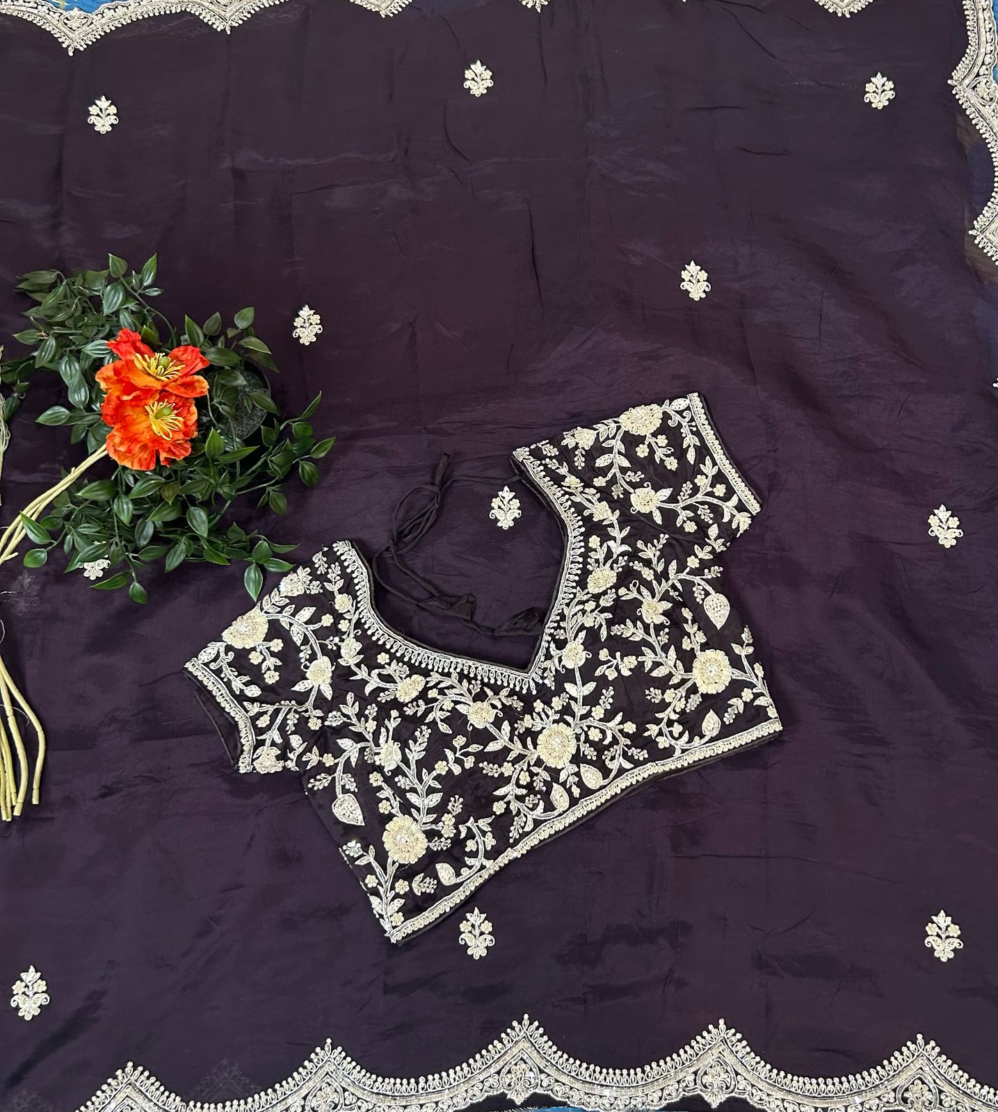 Dark wine handwork stitched blouse designer full sleeve party saree