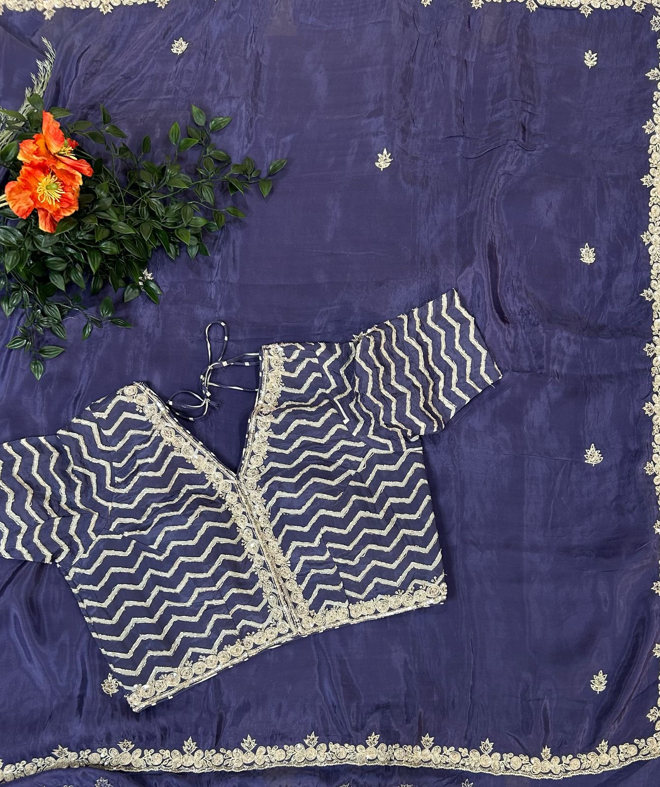 Pastel blue handwork stitched blouse designer full sleeve party saree