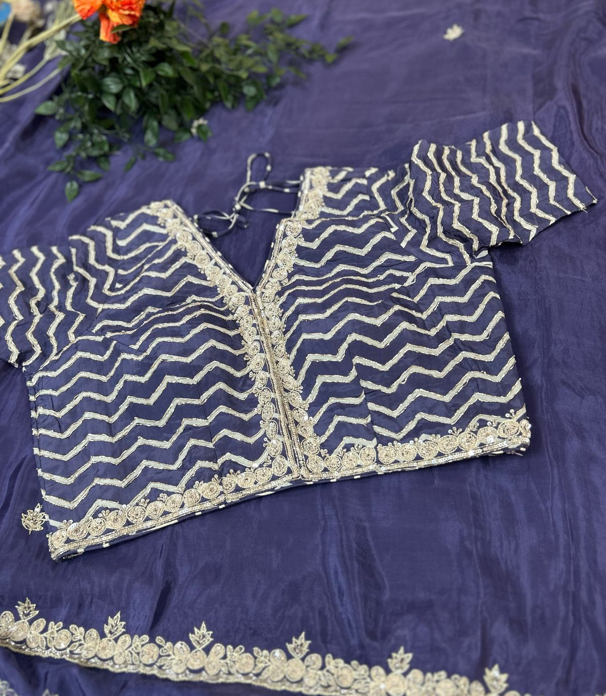 Pastel blue handwork stitched blouse designer full sleeve party saree