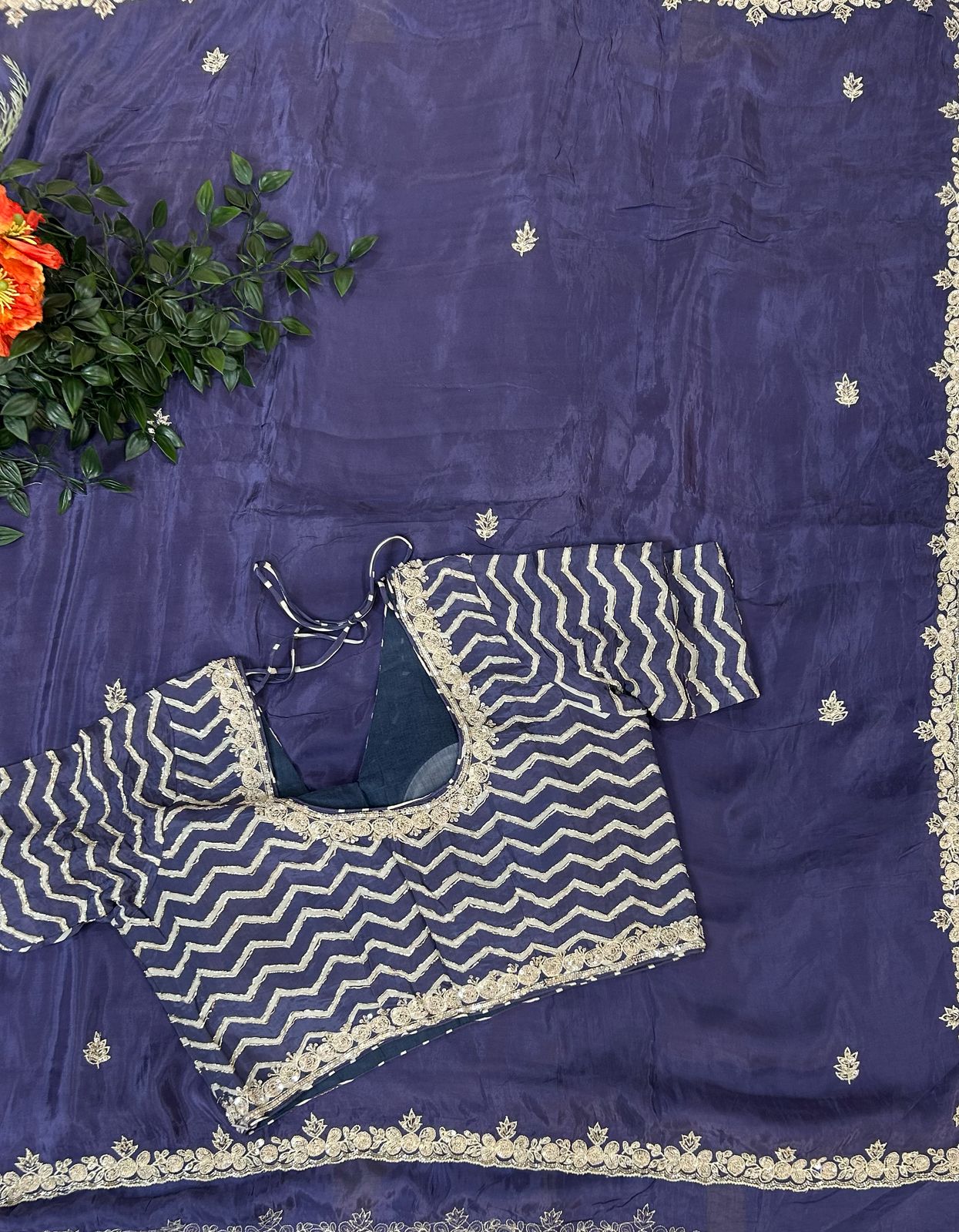 Pastel blue handwork stitched blouse designer full sleeve party saree