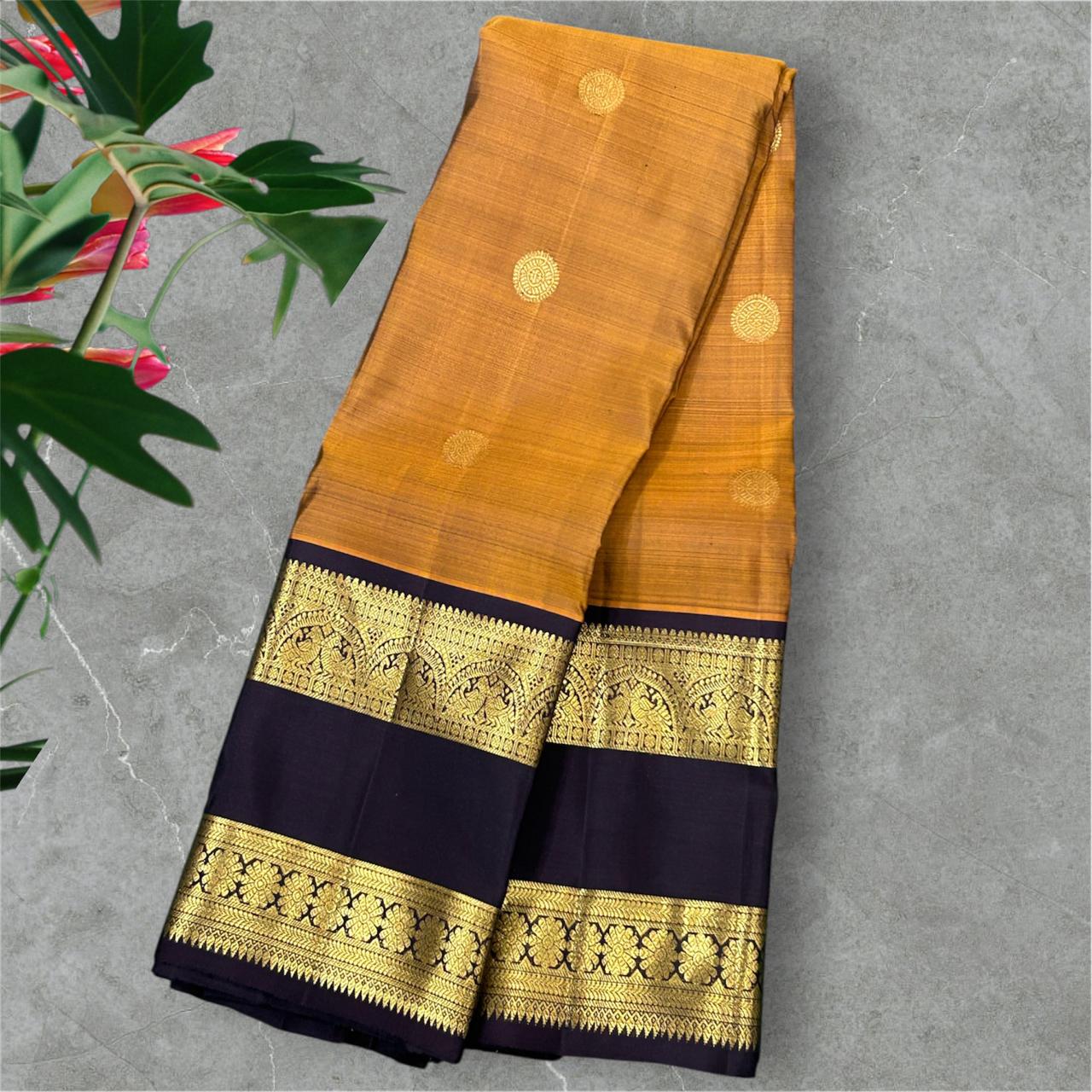 Mustard yellow pure kanchipuram handloom silk vintage saree