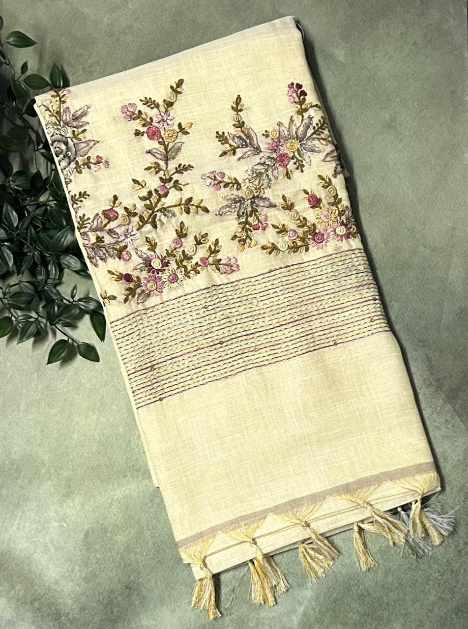 Cream dark grey knot work linen tissue saree