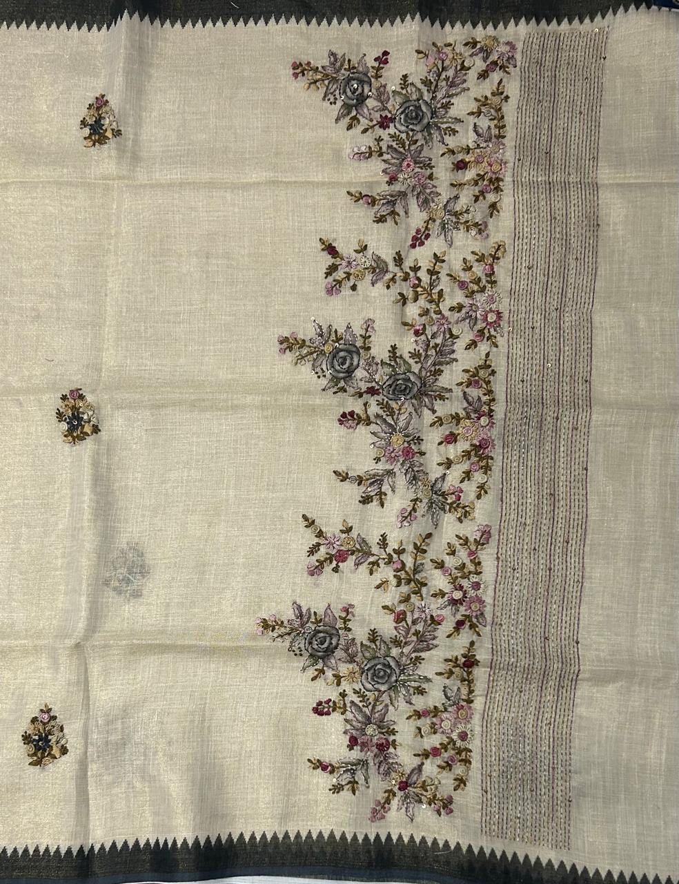 Cream dark grey knot work linen tissue saree