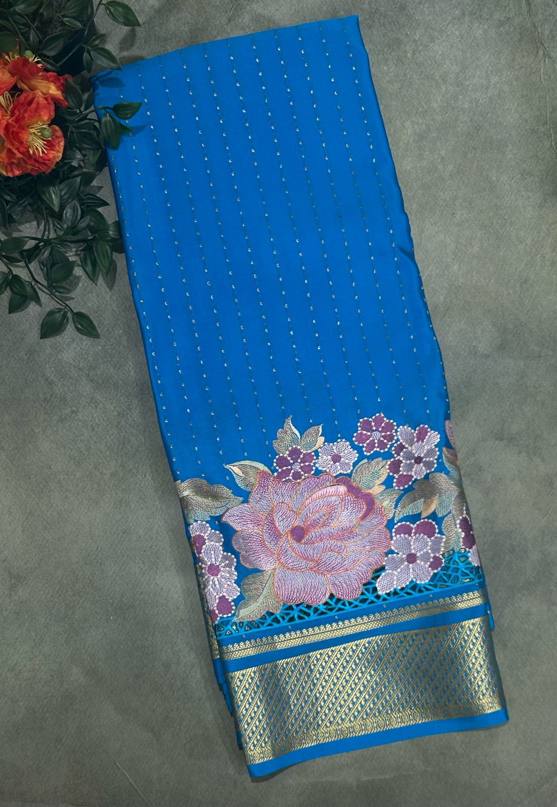 Pastel blue 1000 butta cutwork pure mysore crepe silk saree
