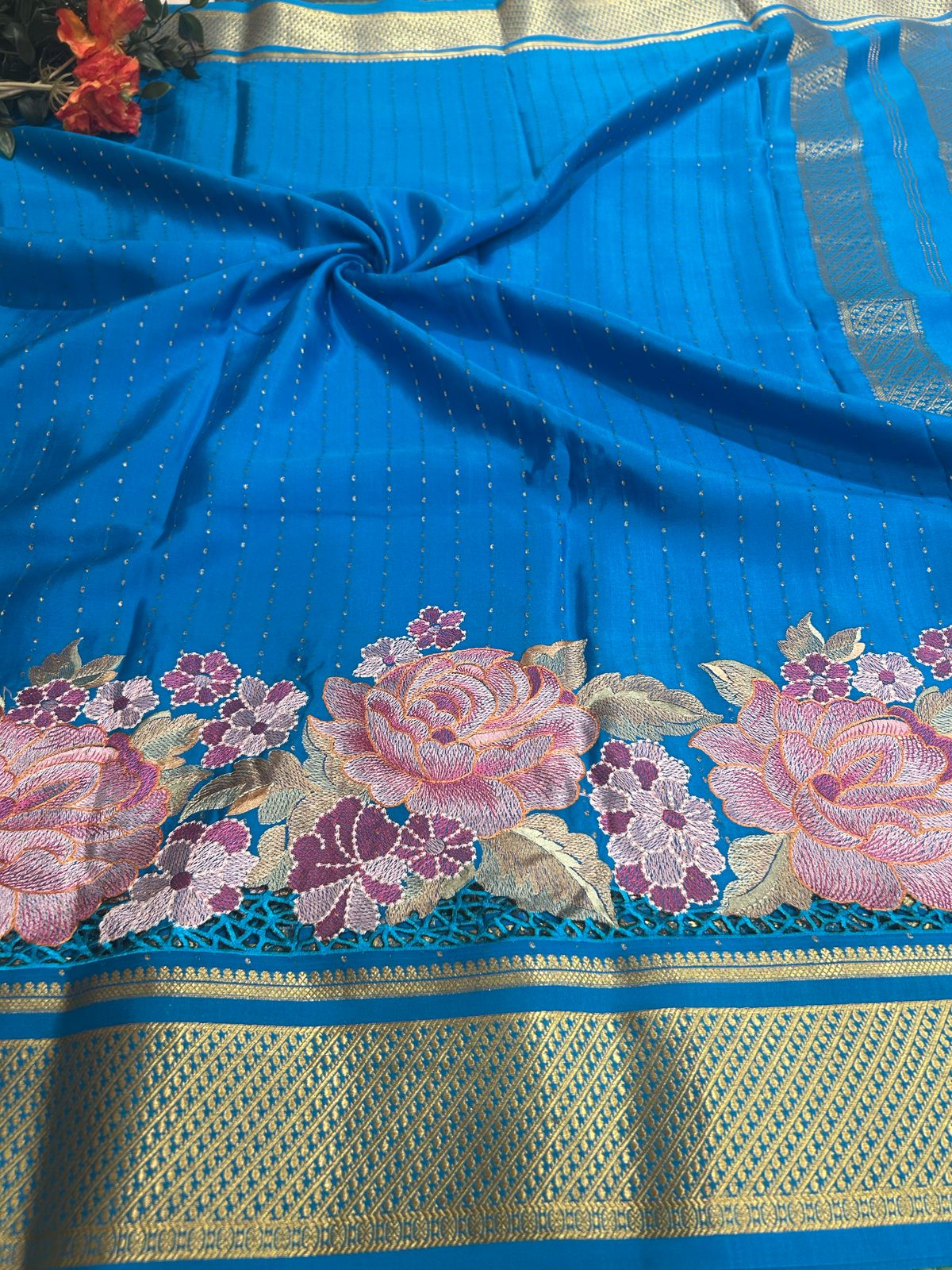 Pastel blue 1000 butta cutwork pure mysore crepe silk saree