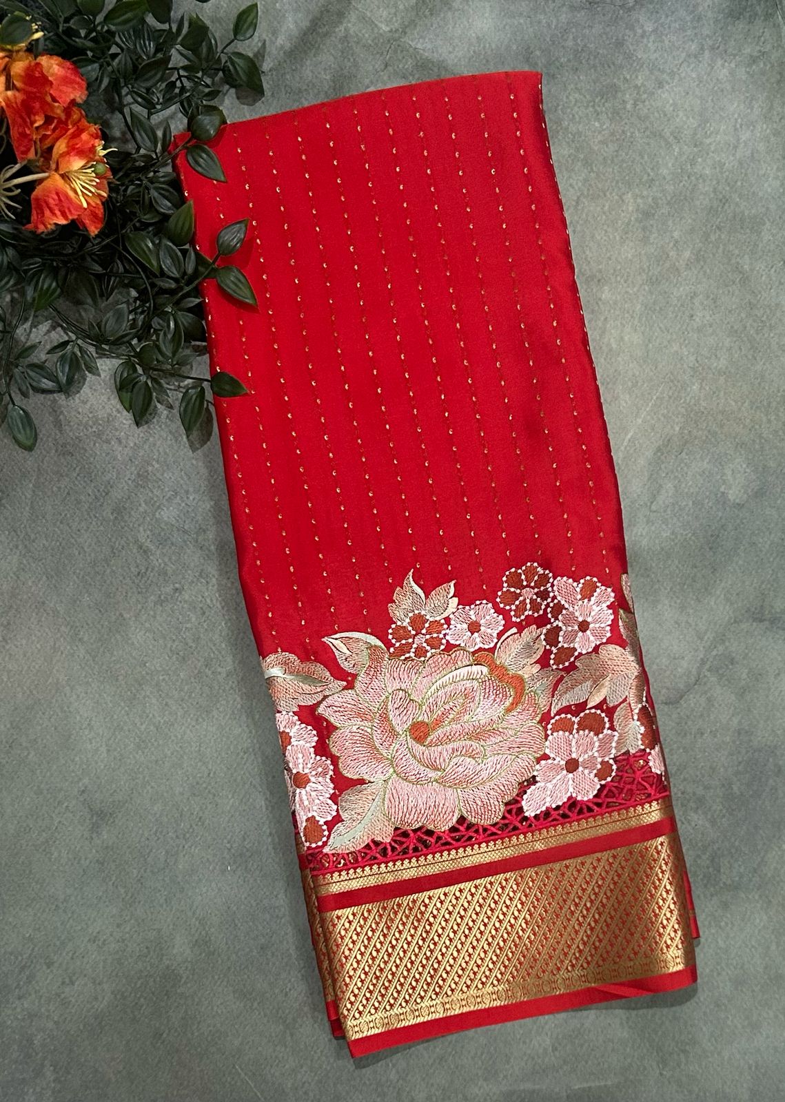 Red 1000 butta cutwork pure mysore crepe silk saree