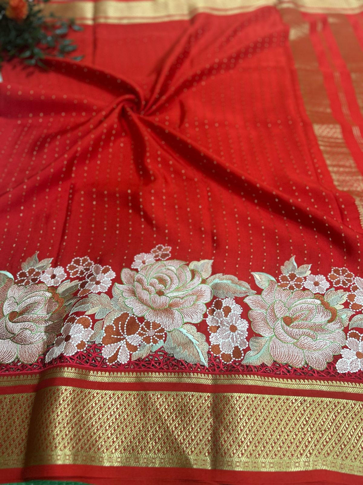 Red 1000 butta cutwork pure mysore crepe silk saree