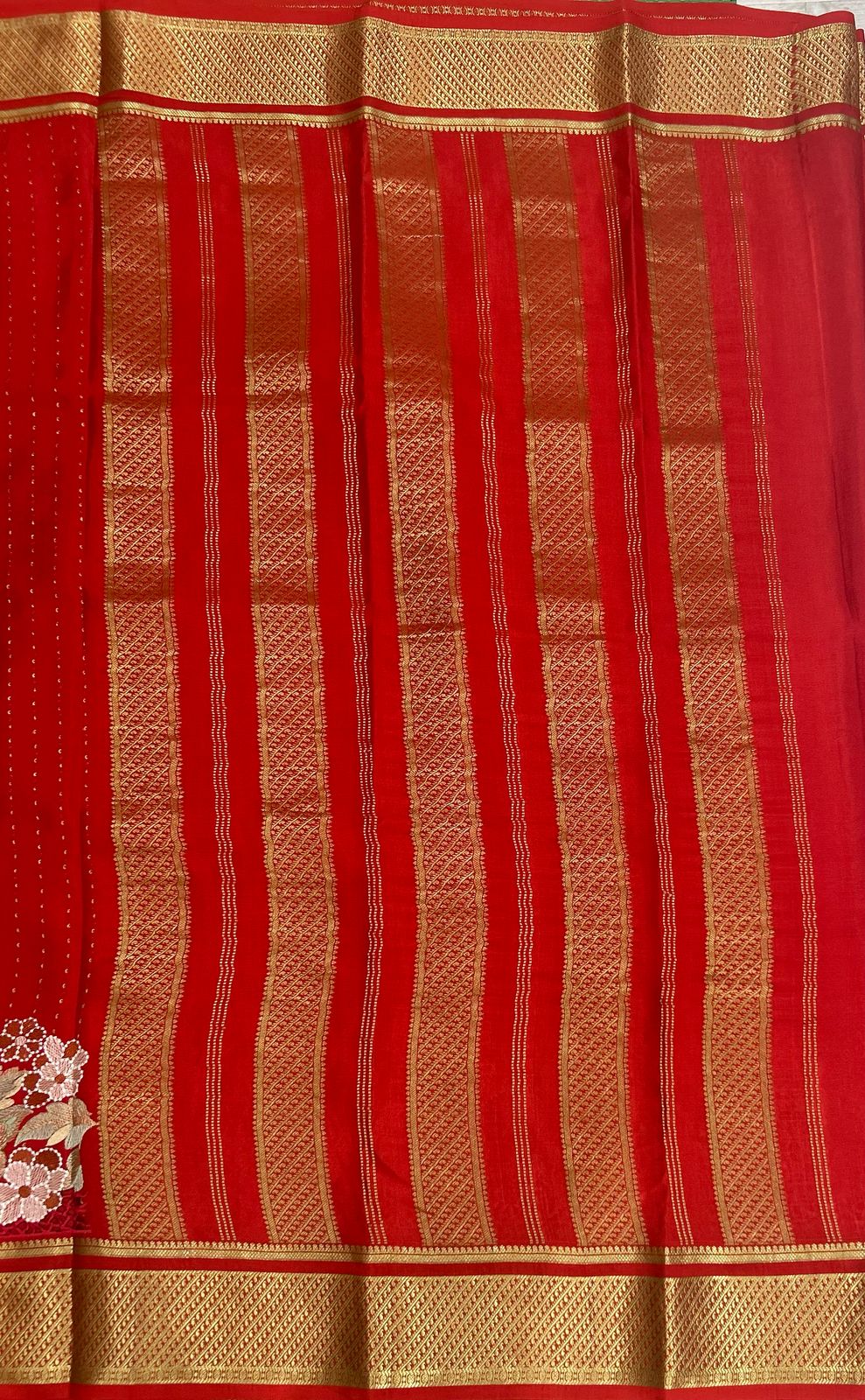 Red 1000 butta cutwork pure mysore crepe silk saree