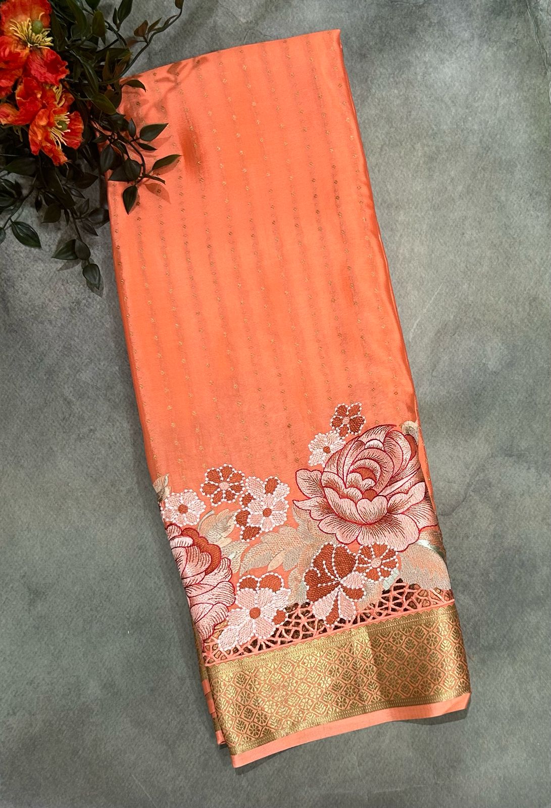Peach 1000 butta cutwork pure mysore crepe silk saree
