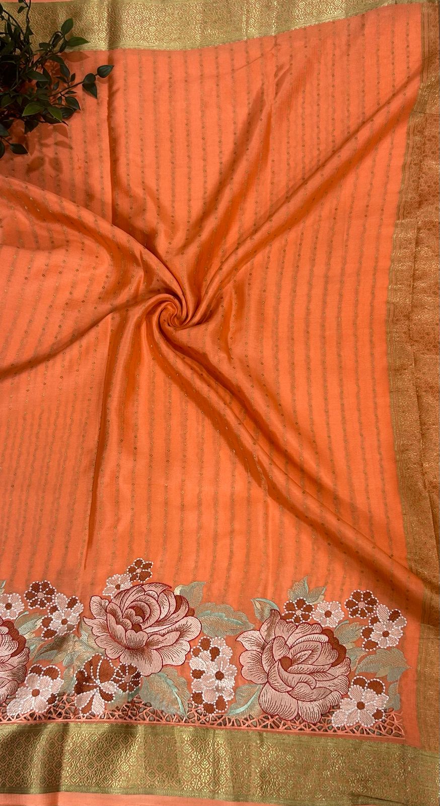 Peach 1000 butta cutwork pure mysore crepe silk saree