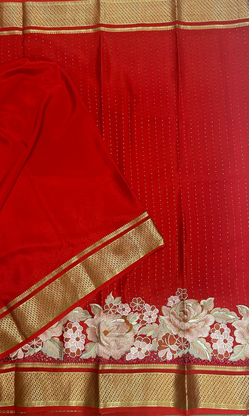 Red 1000 butta cutwork pure mysore crepe silk saree