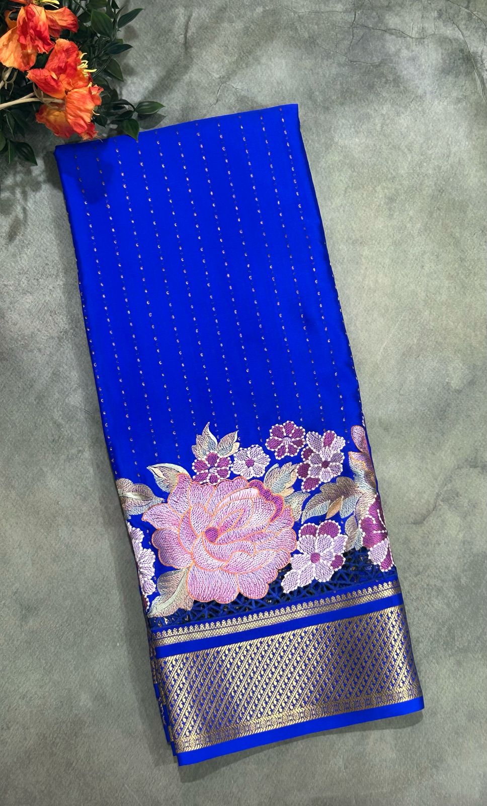 Royal blue 1000 butta cutwork pure mysore crepe silk saree