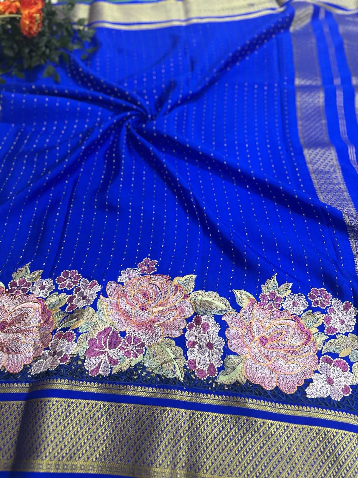 Royal blue 1000 butta pure mysore crepe silk saree