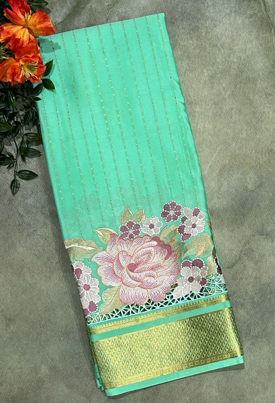 Sea green 1000 butta cutwork pure mysore crepe silk saree