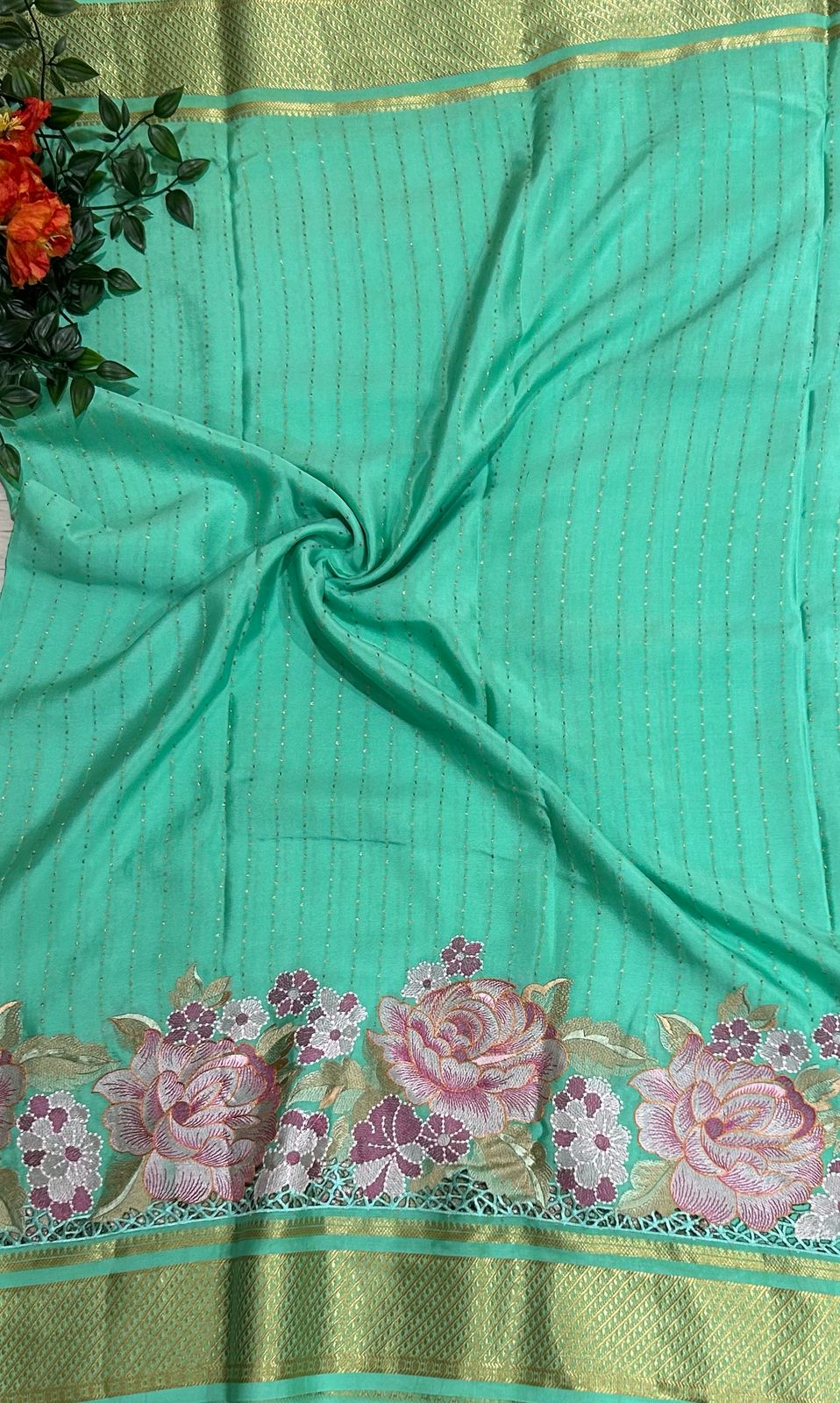 Sea green 1000 butta cutwork pure mysore crepe silk saree