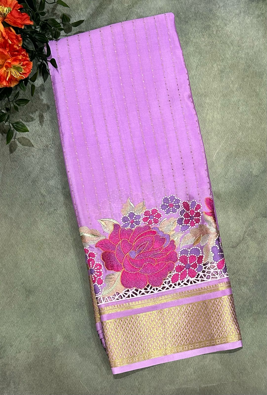 Light purple 1000 butta cutwork pure mysore crepe silk saree