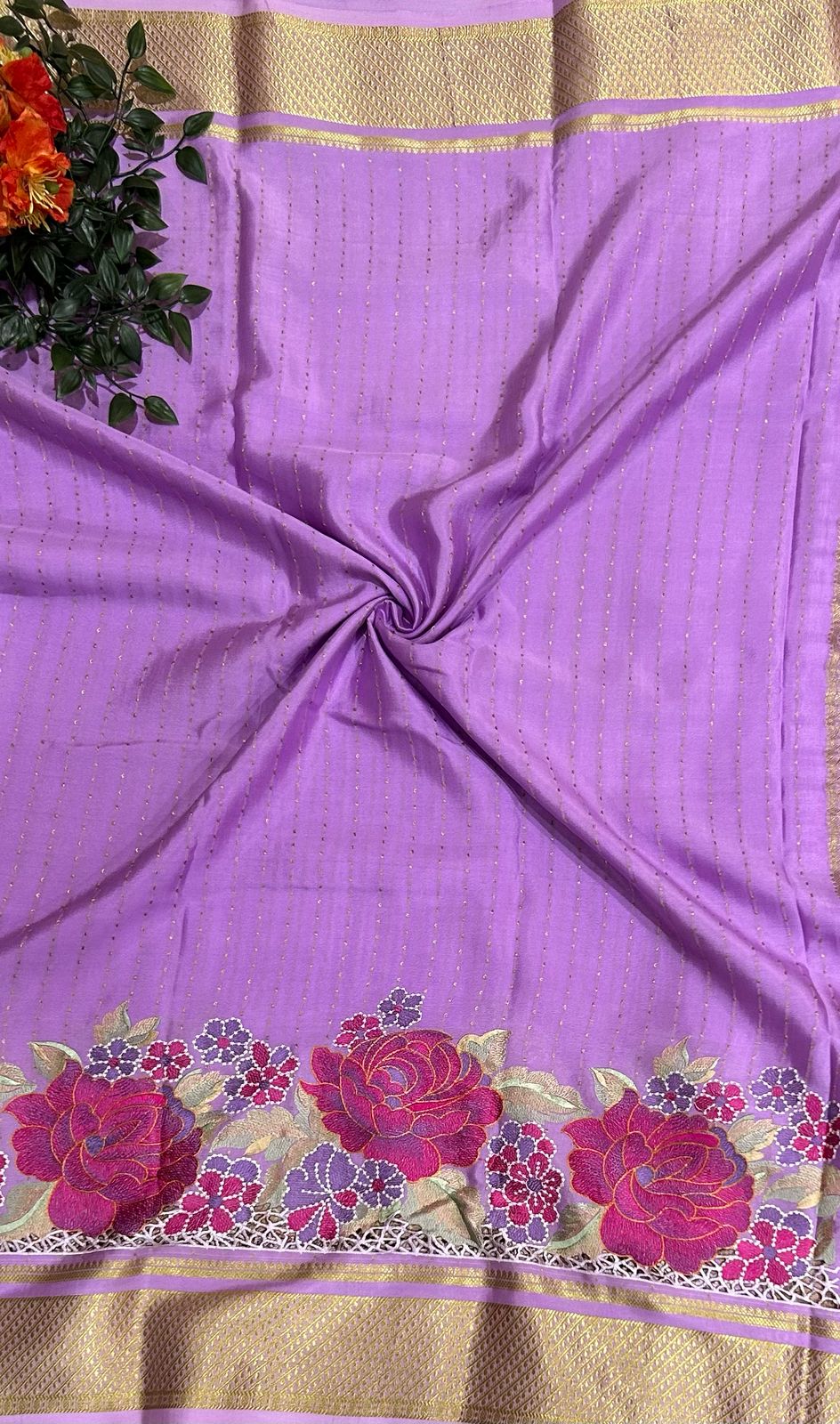 Light purple 1000 butta cutwork pure mysore crepe silk saree