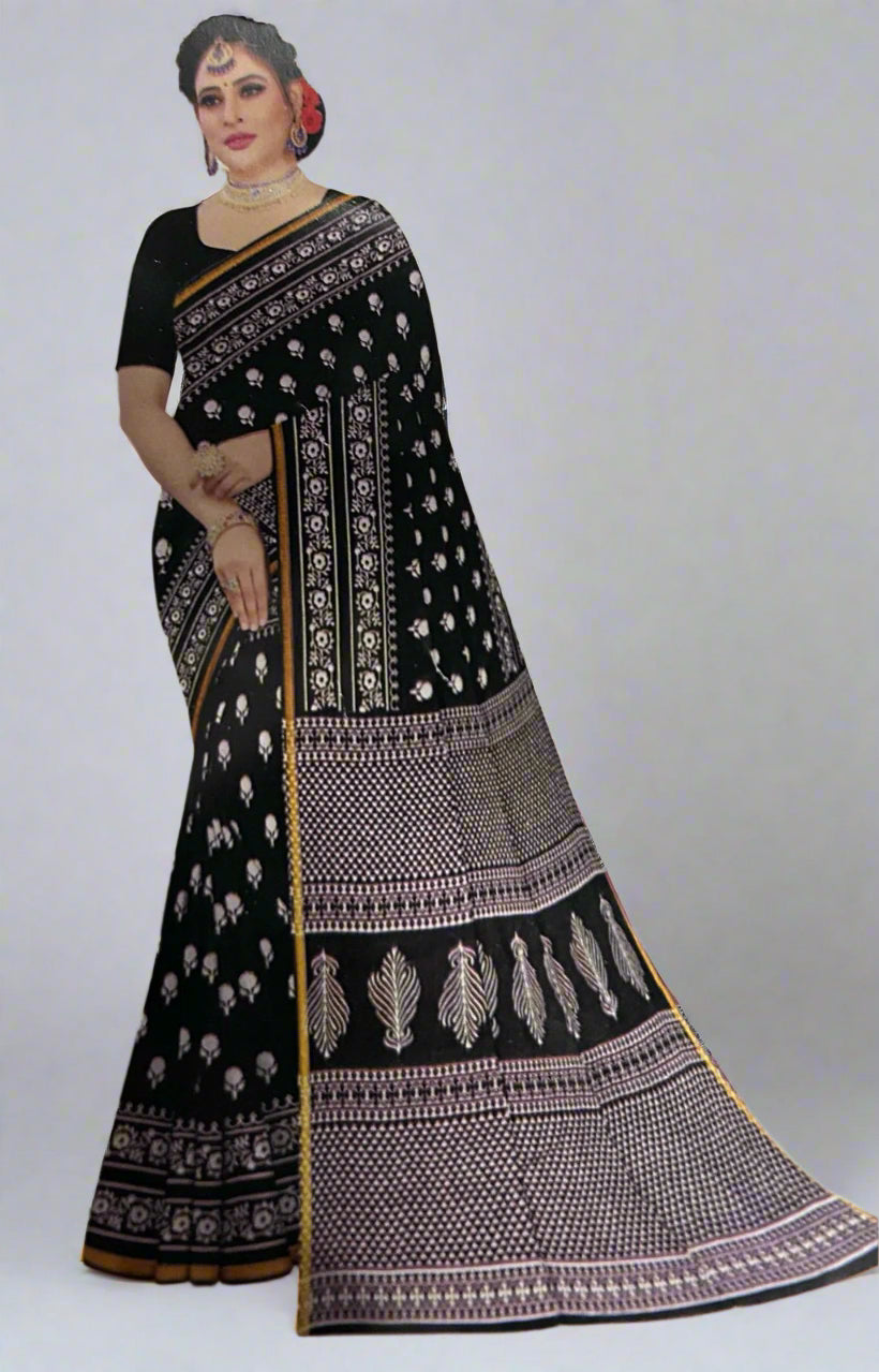 Black n white cotton slub saree