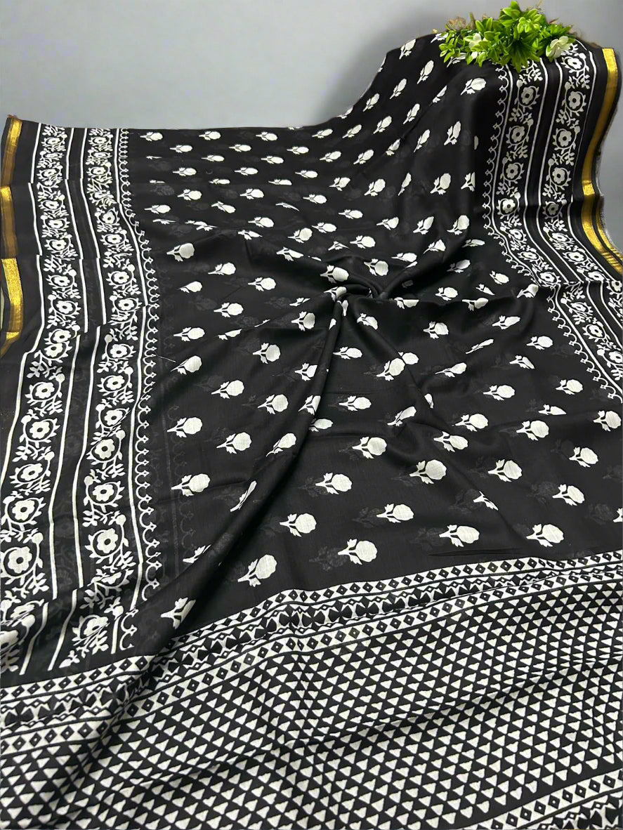 Black n white cotton slub saree