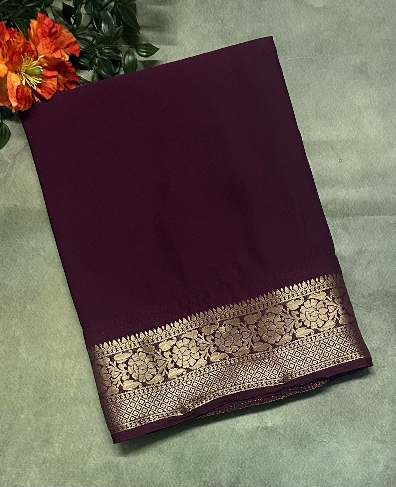 Dark wine semi soft crepe saree