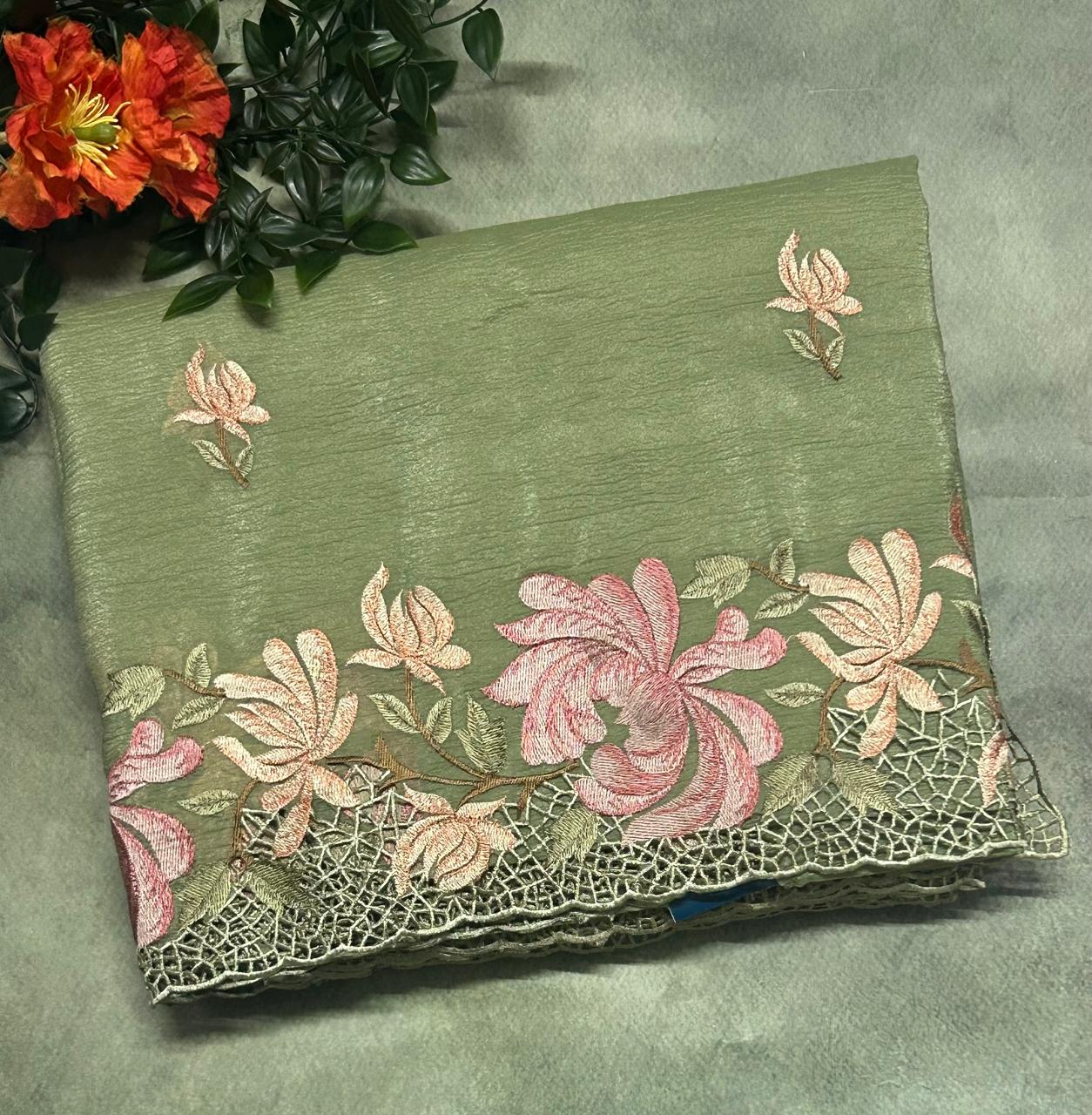 Pastel Purple cut work embroidery crush saree