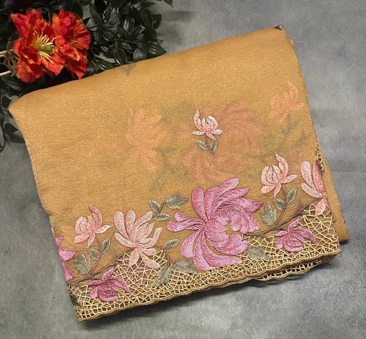 Light yellow  work cut work embroidery crush saree