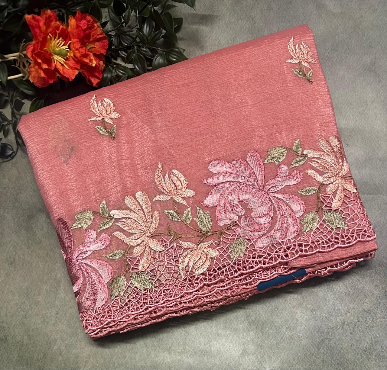 Pastel pink work cut work embroidery crush saree