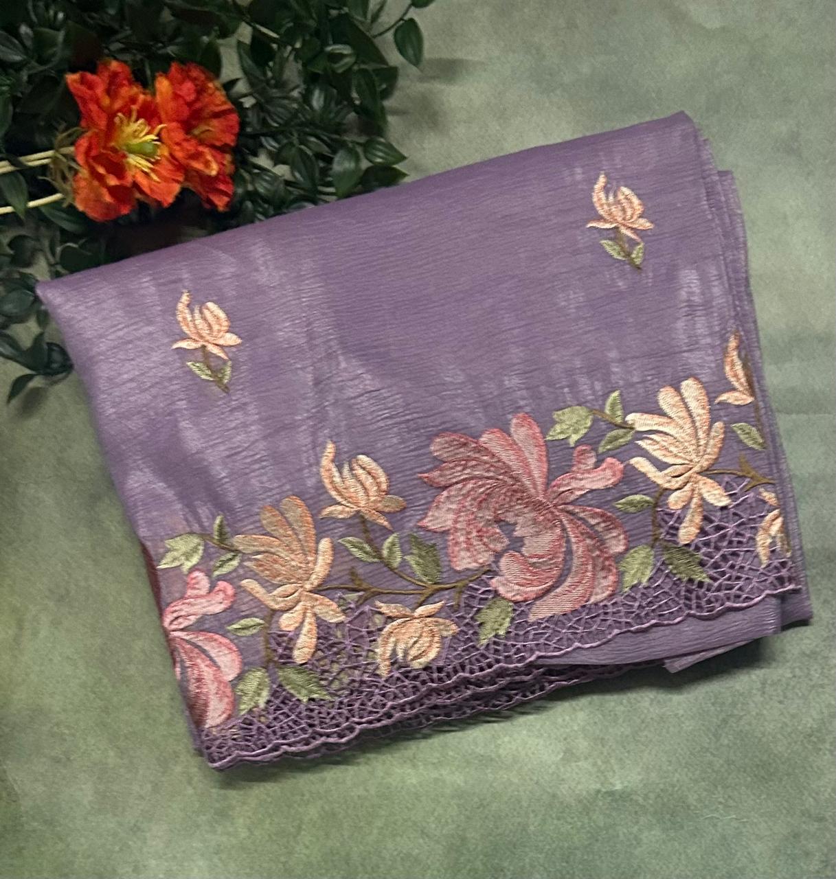 Lavender work cut work embroidery crush saree