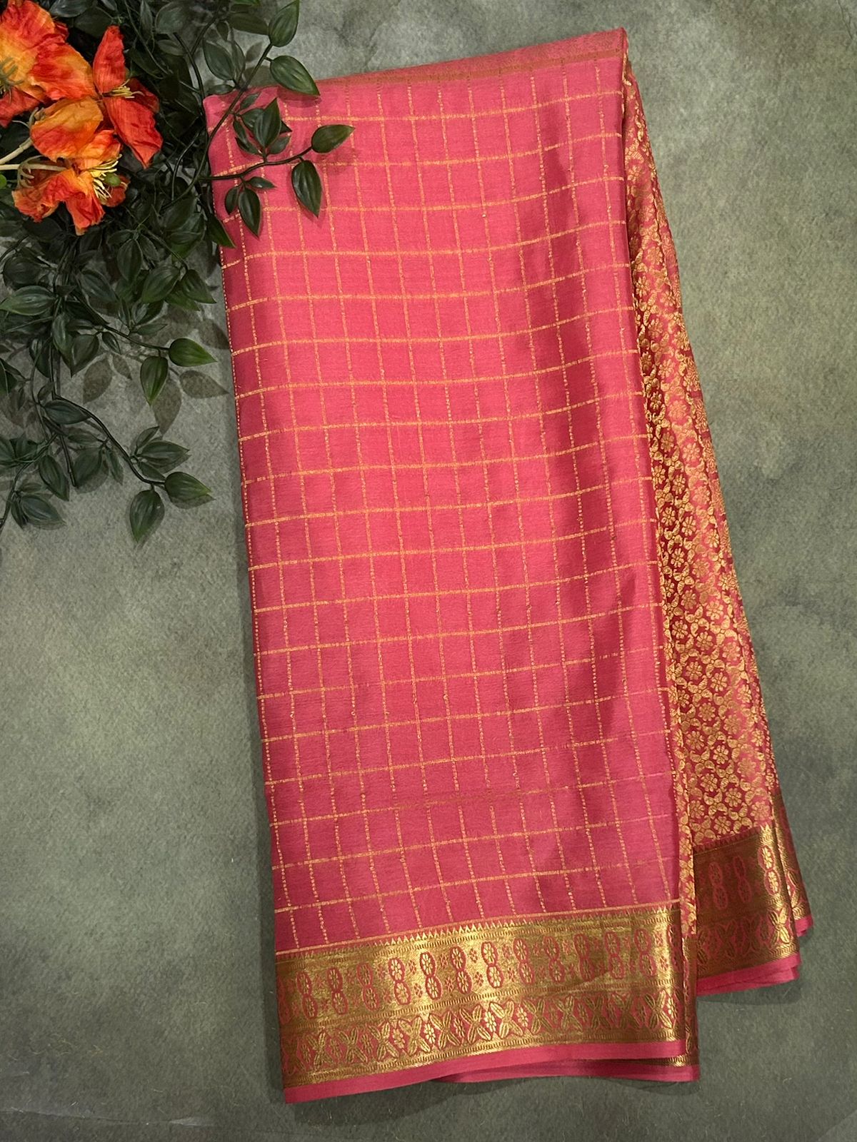 Baby pink checks n brocade pure mysore crepe silk saree