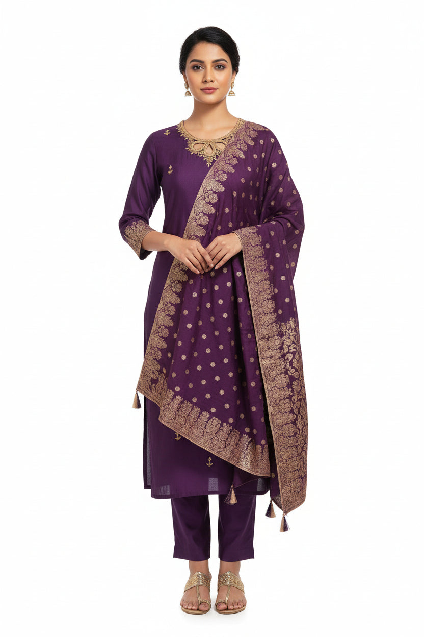Purple Dola silk Kurtha with Desinger Dupatta
