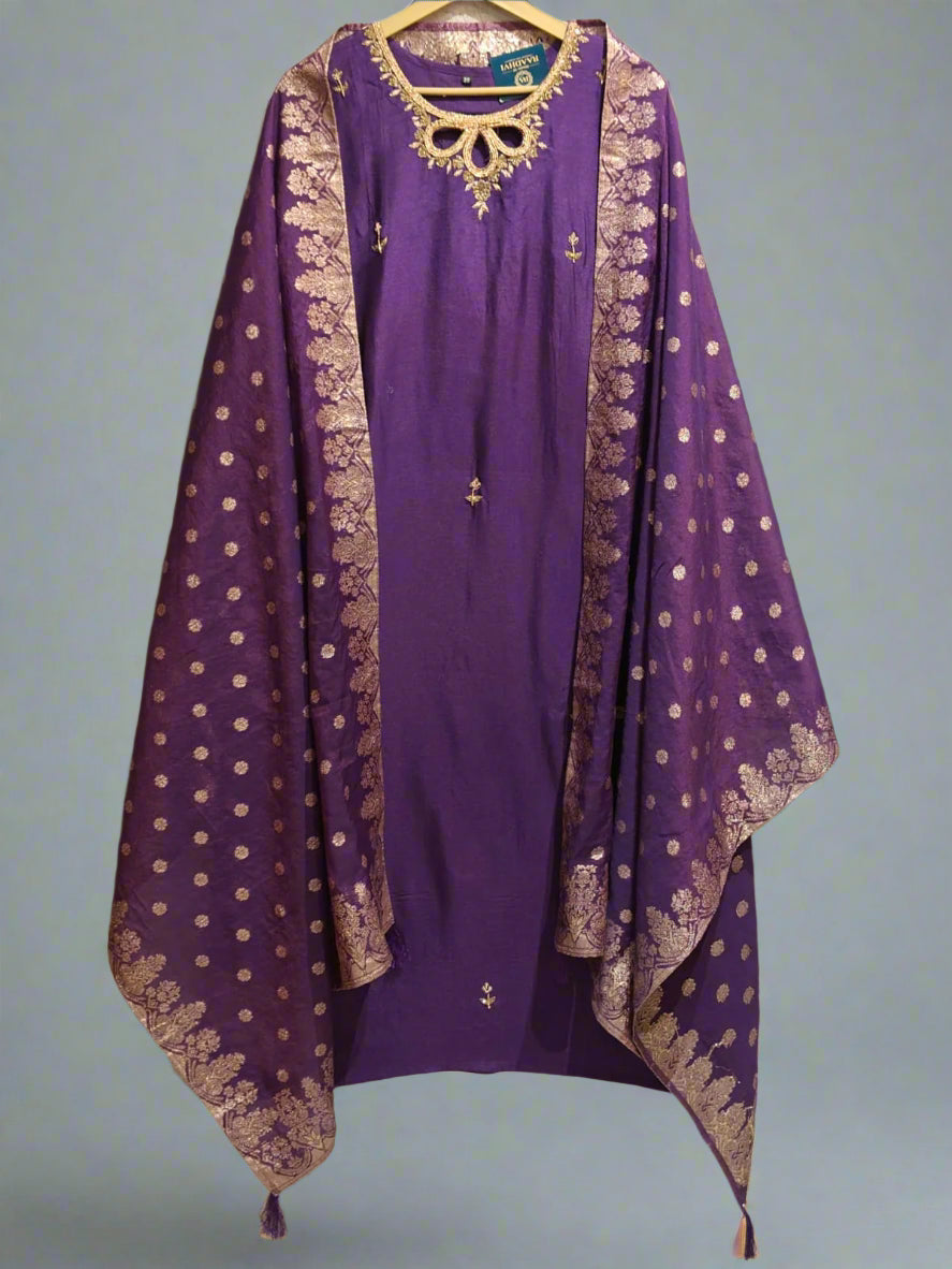 Purple Dola silk Kurtha with Desinger Dupatta