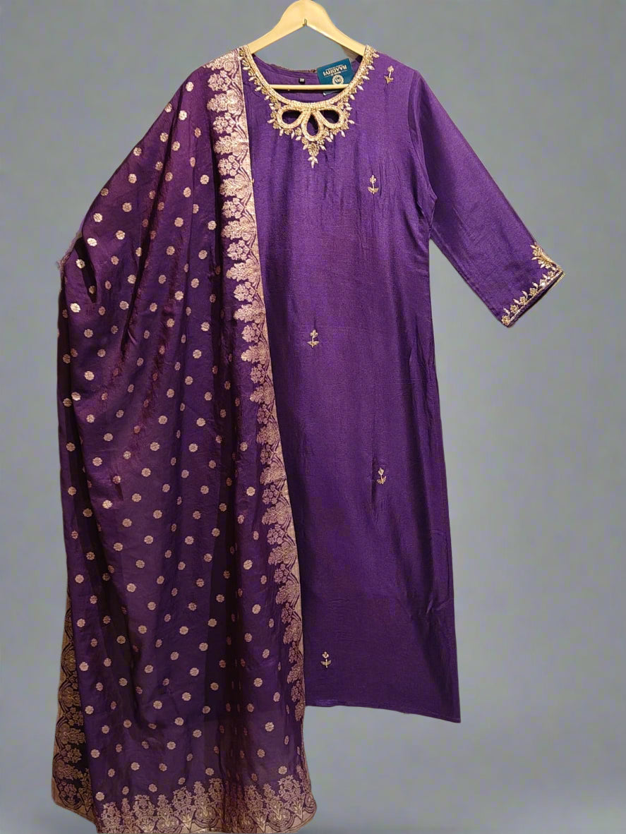 Purple Dola silk Kurtha with Desinger Dupatta