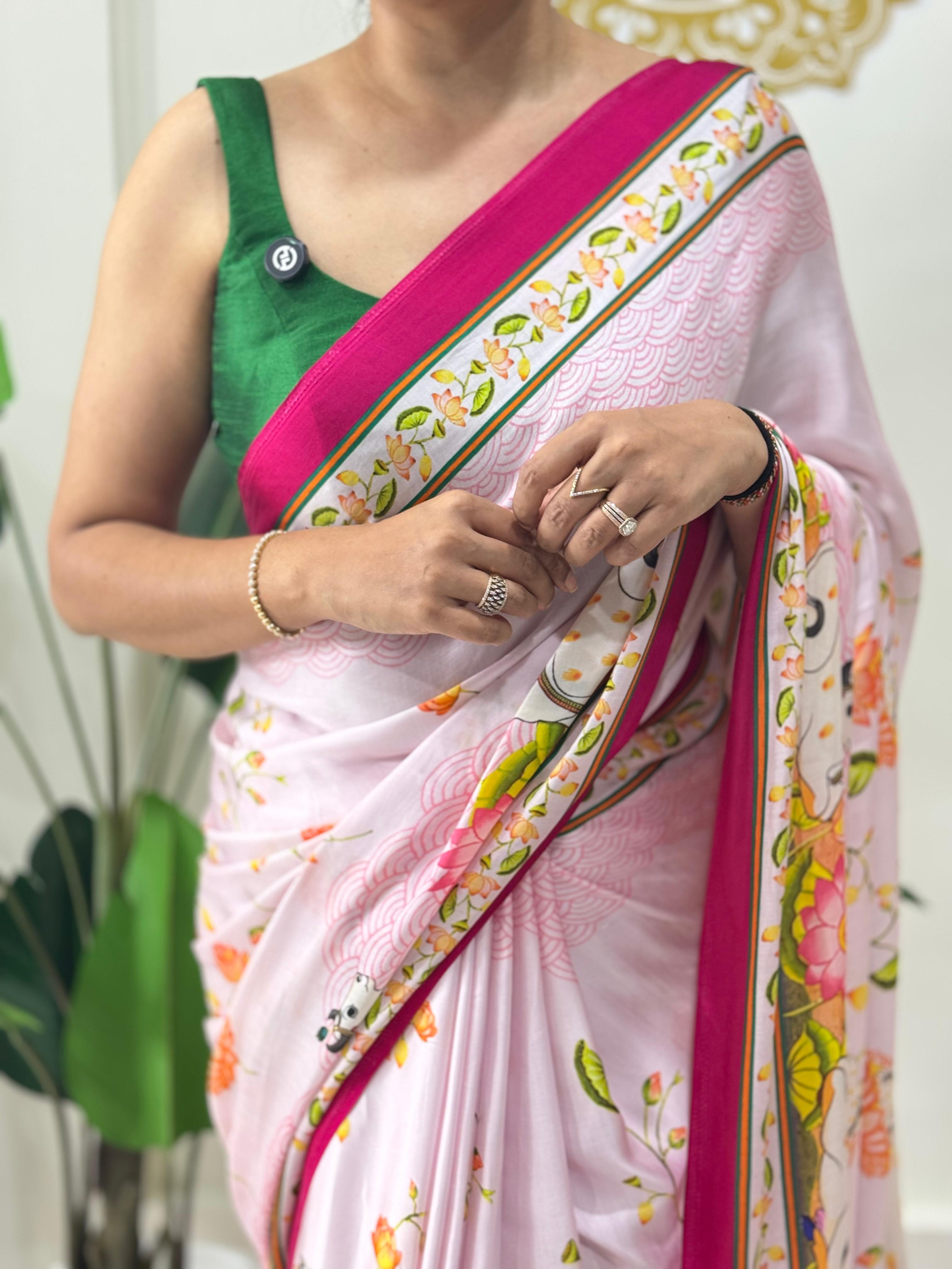 Pink pichwai satin crepe saree