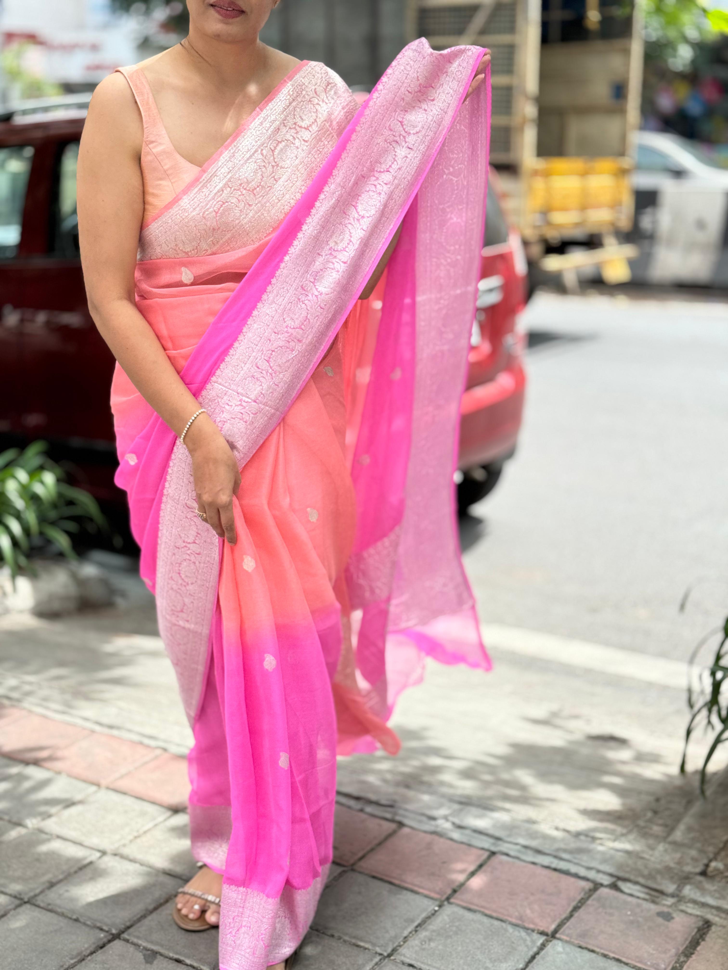 Pink n peach half n half benarasi pure chiffon saree
