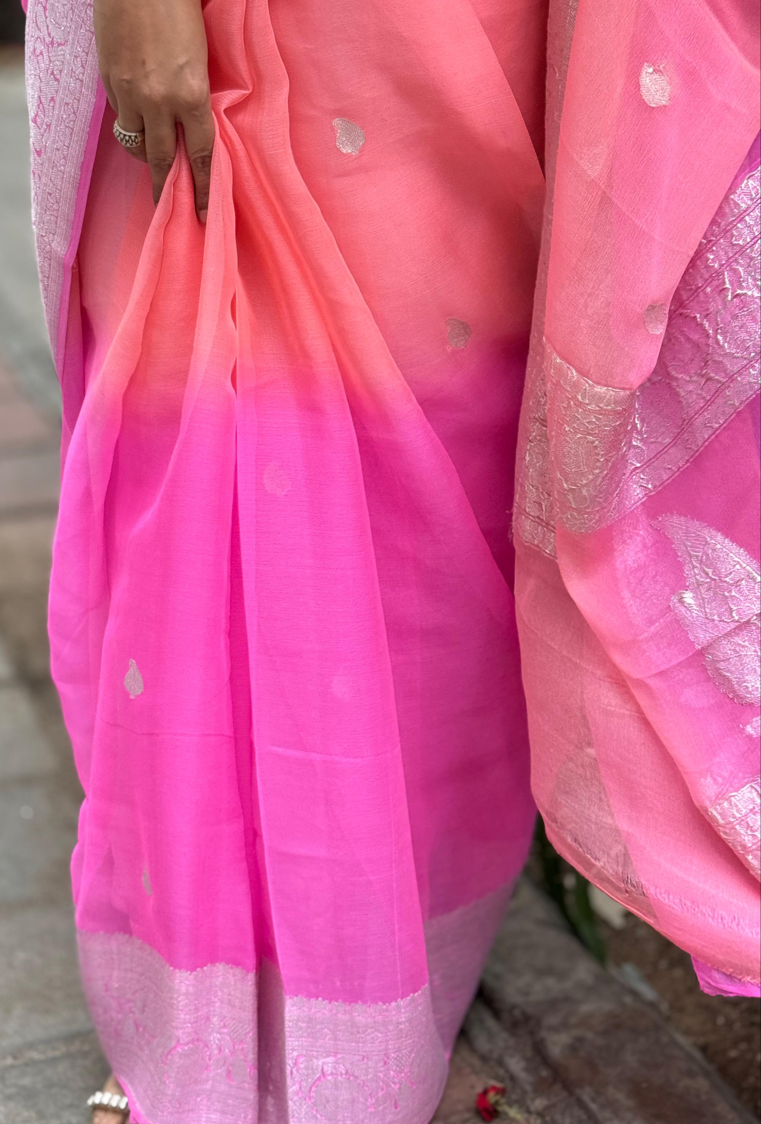 Pink n peach half n half benarasi pure chiffon saree