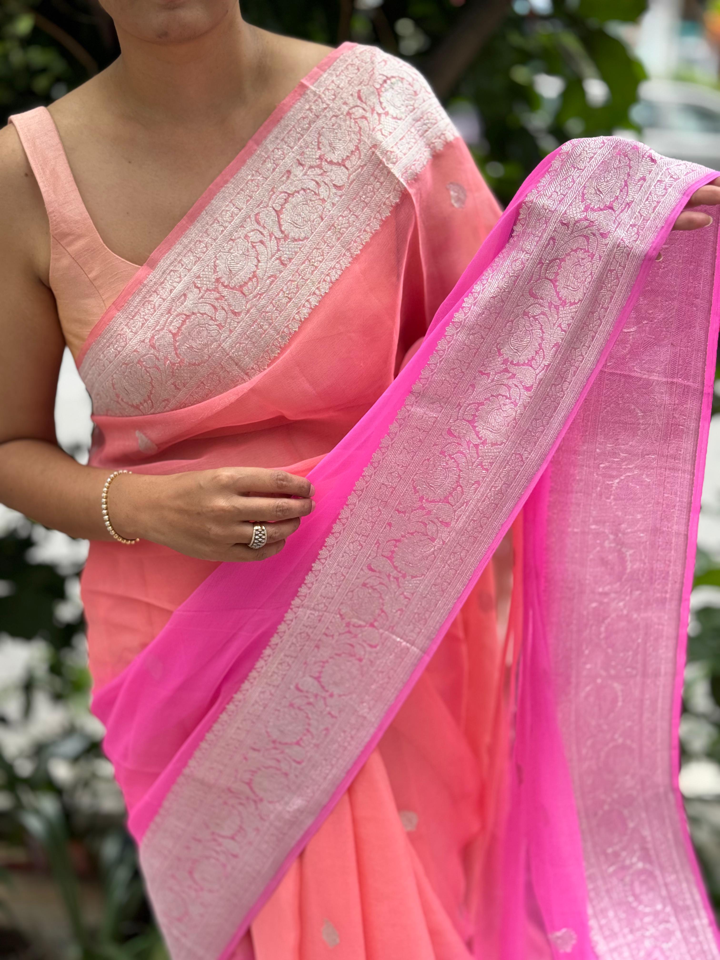 Pink n peach half n half benarasi pure chiffon saree