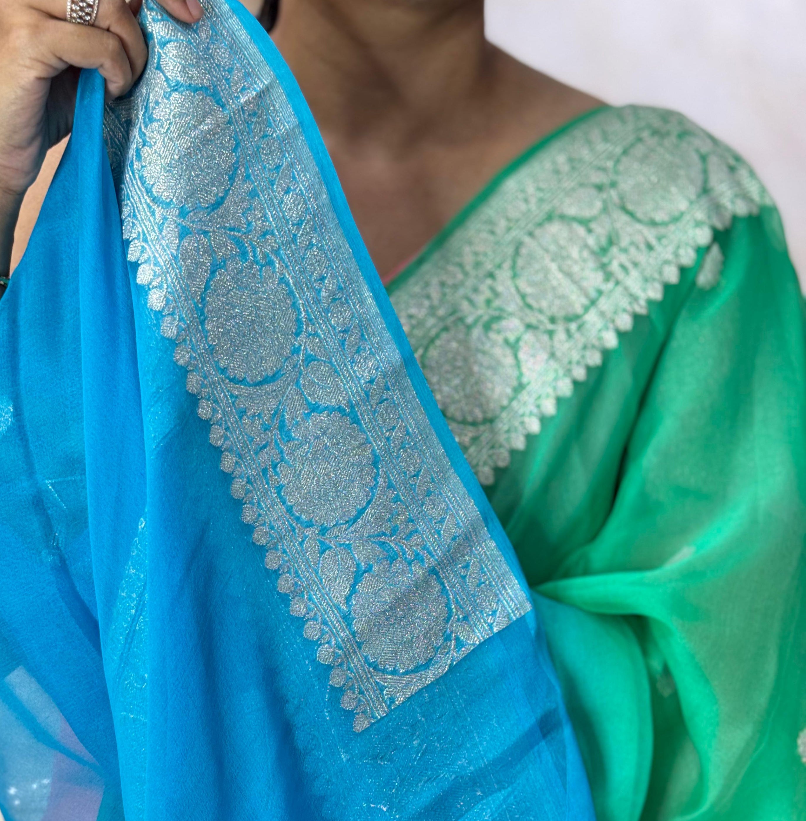 Blue and green half n half benarasi pure chiffon saree