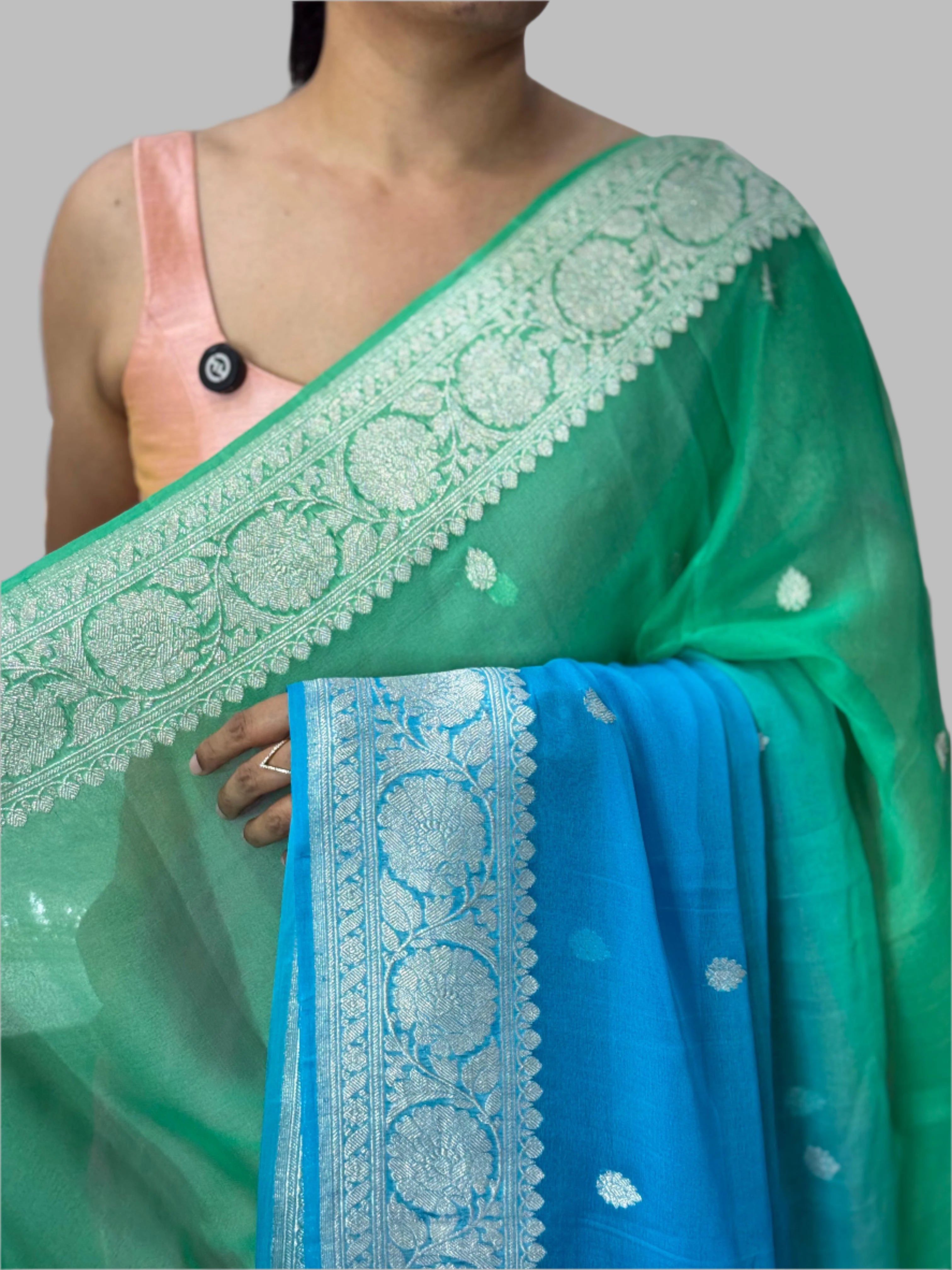 Blue and green half n half benarasi pure chiffon saree