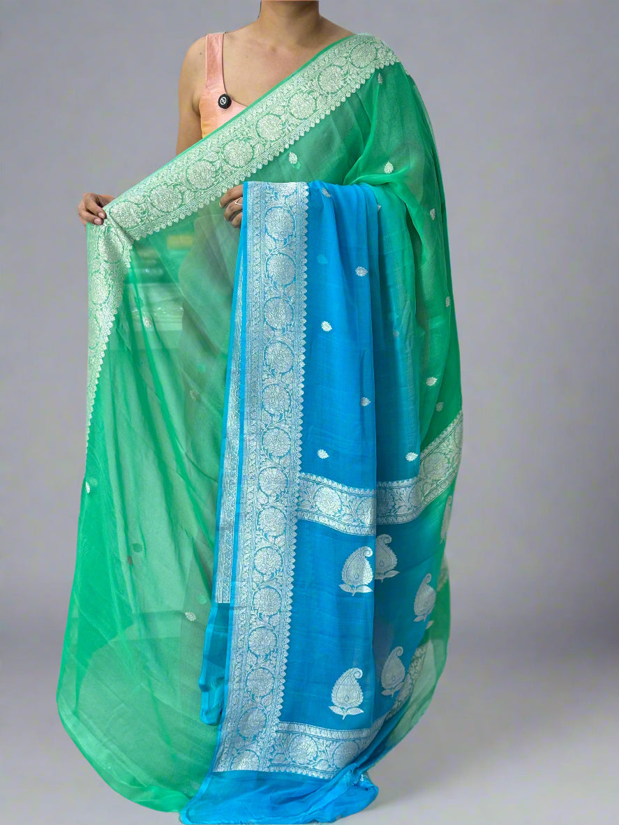 Blue and green half n half benarasi pure chiffon saree