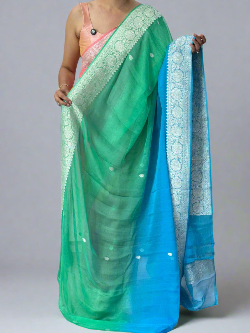 Blue and green half n half benarasi pure chiffon saree