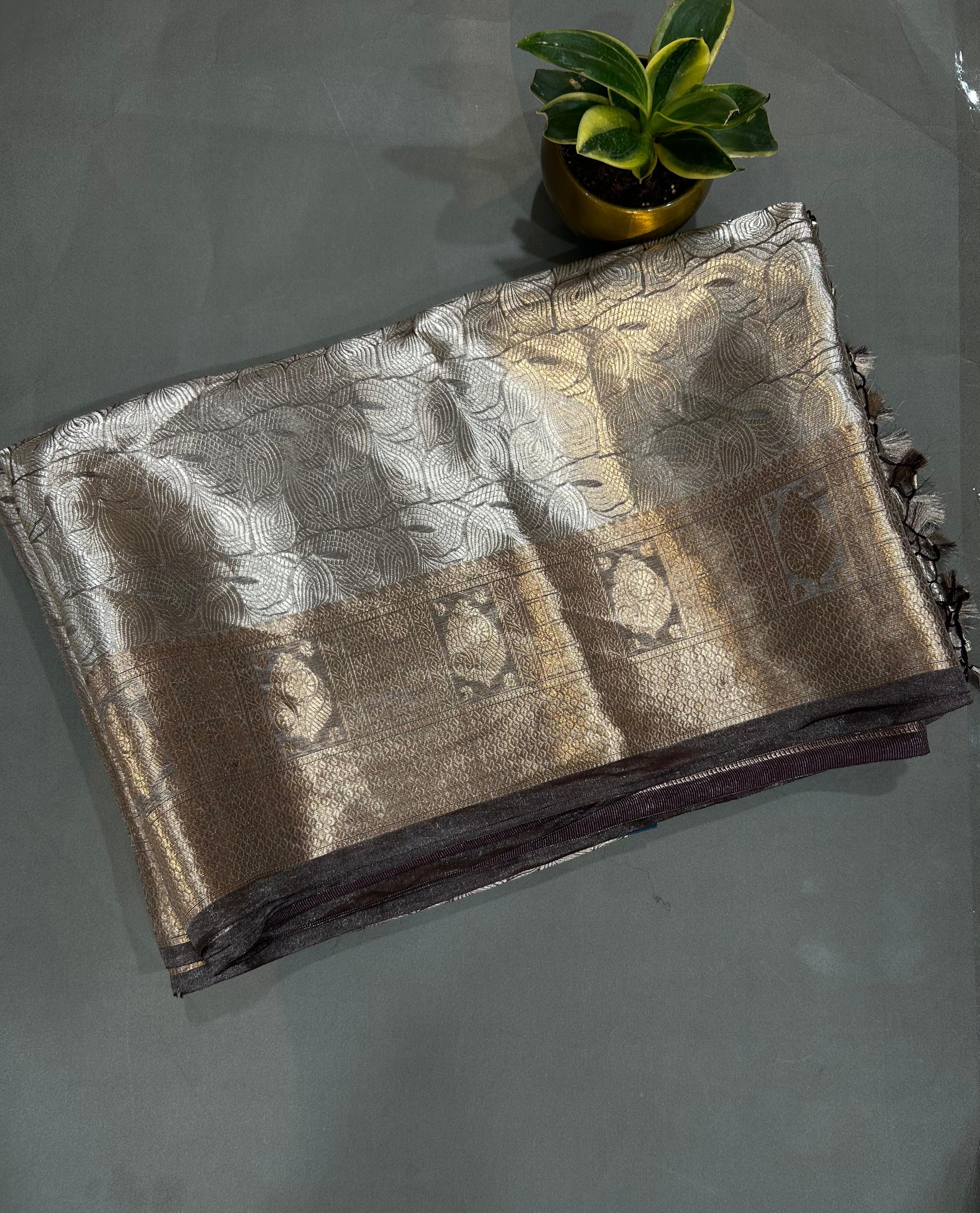 Dark brown pure benarasi brocade tissue saree