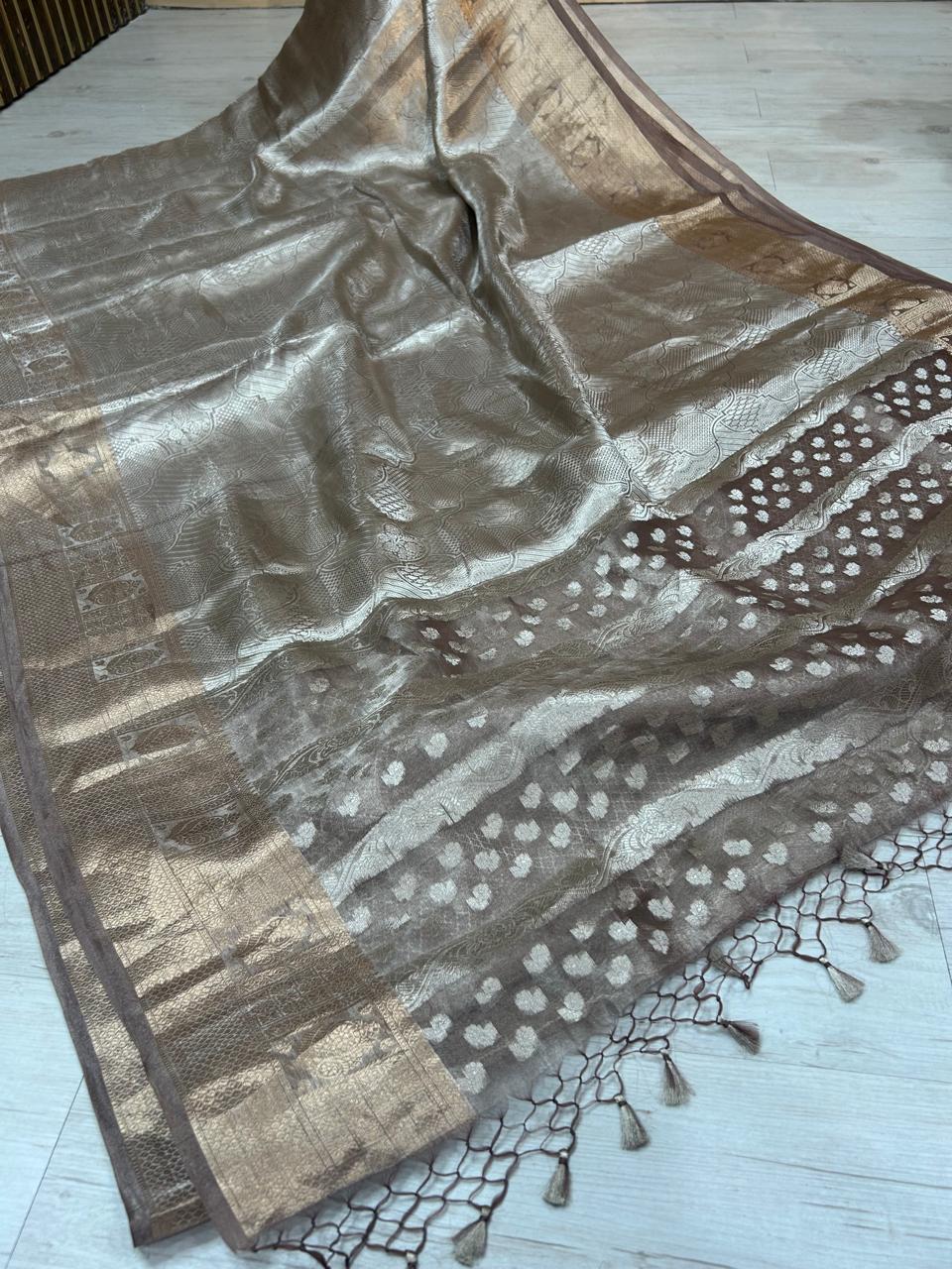 Brown pure benarasi brocade tissue saree