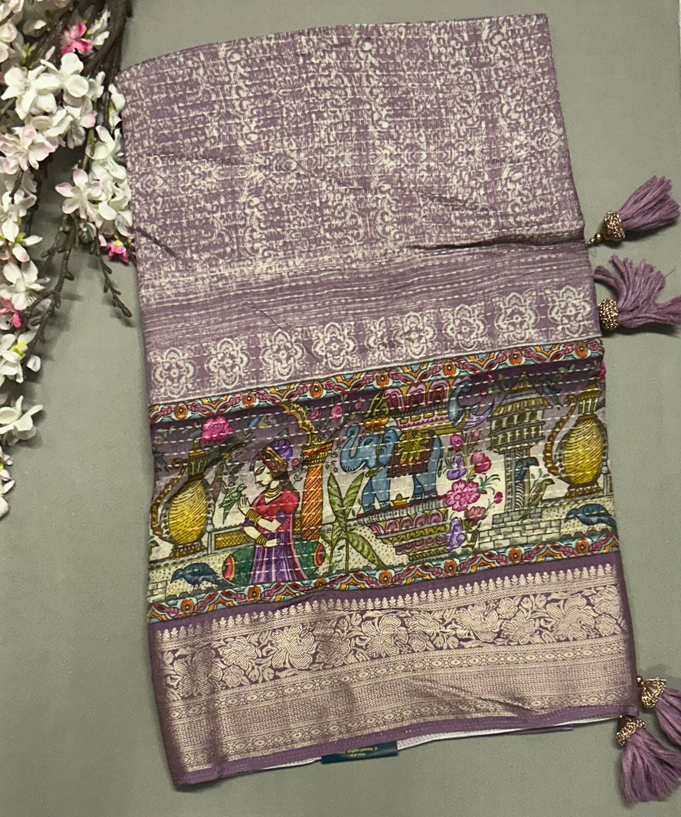 Multi colour kalamkari printed dola crepe saree