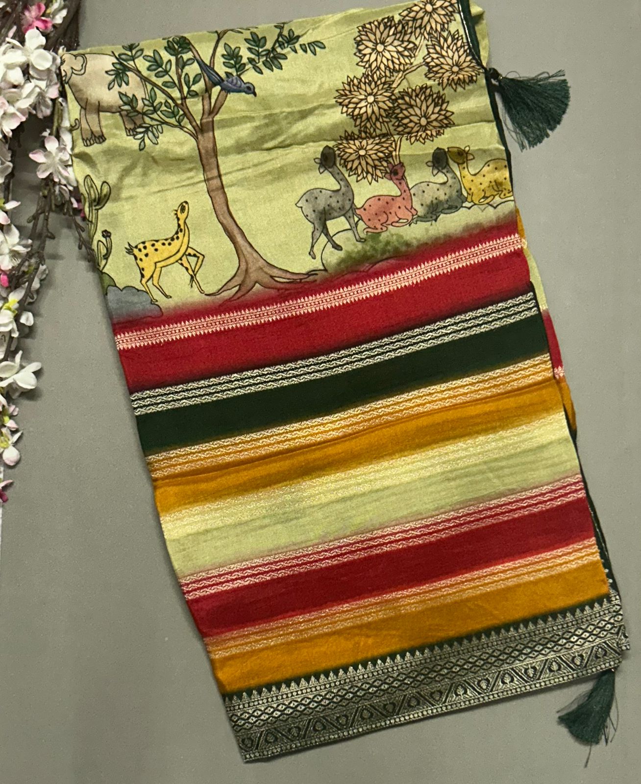 Multi colour kalamkari printed dola crepe saree