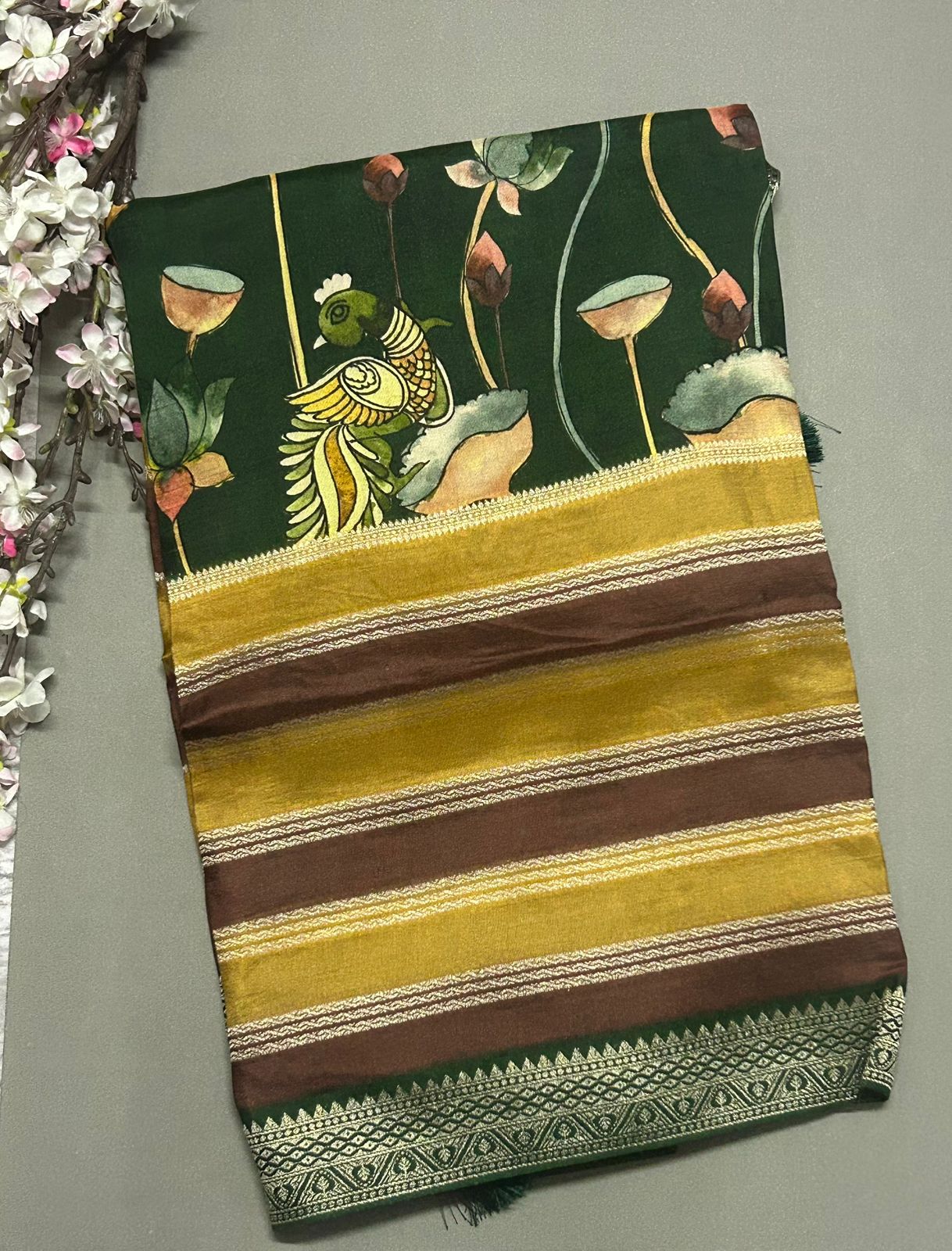 Multi colour kalamkari printed dola crepe saree