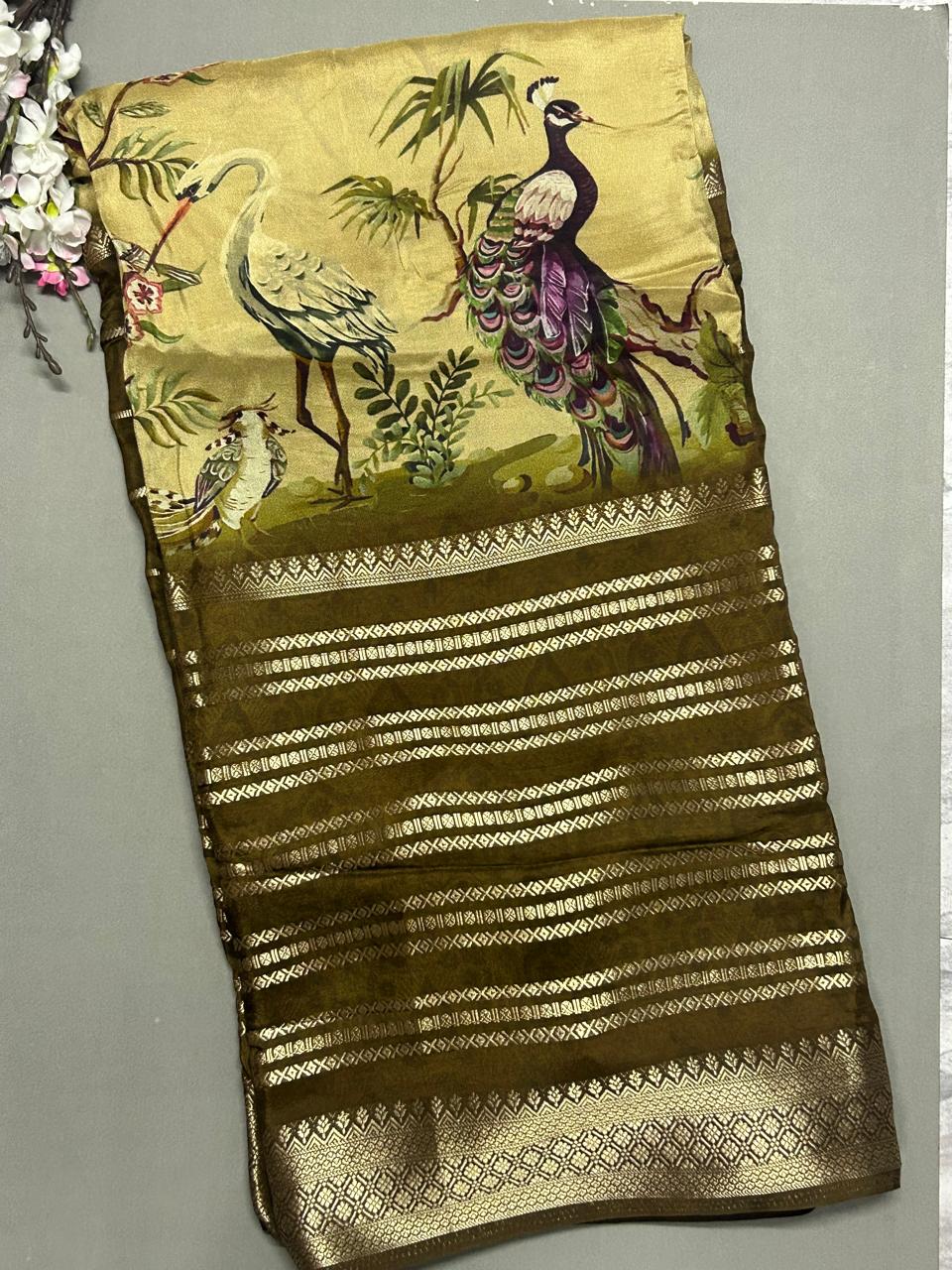 Multi colour kalamkari printed dola crepe saree