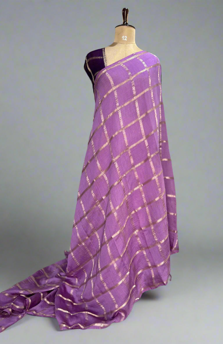 Lavender soft tussar crepe checks  saree