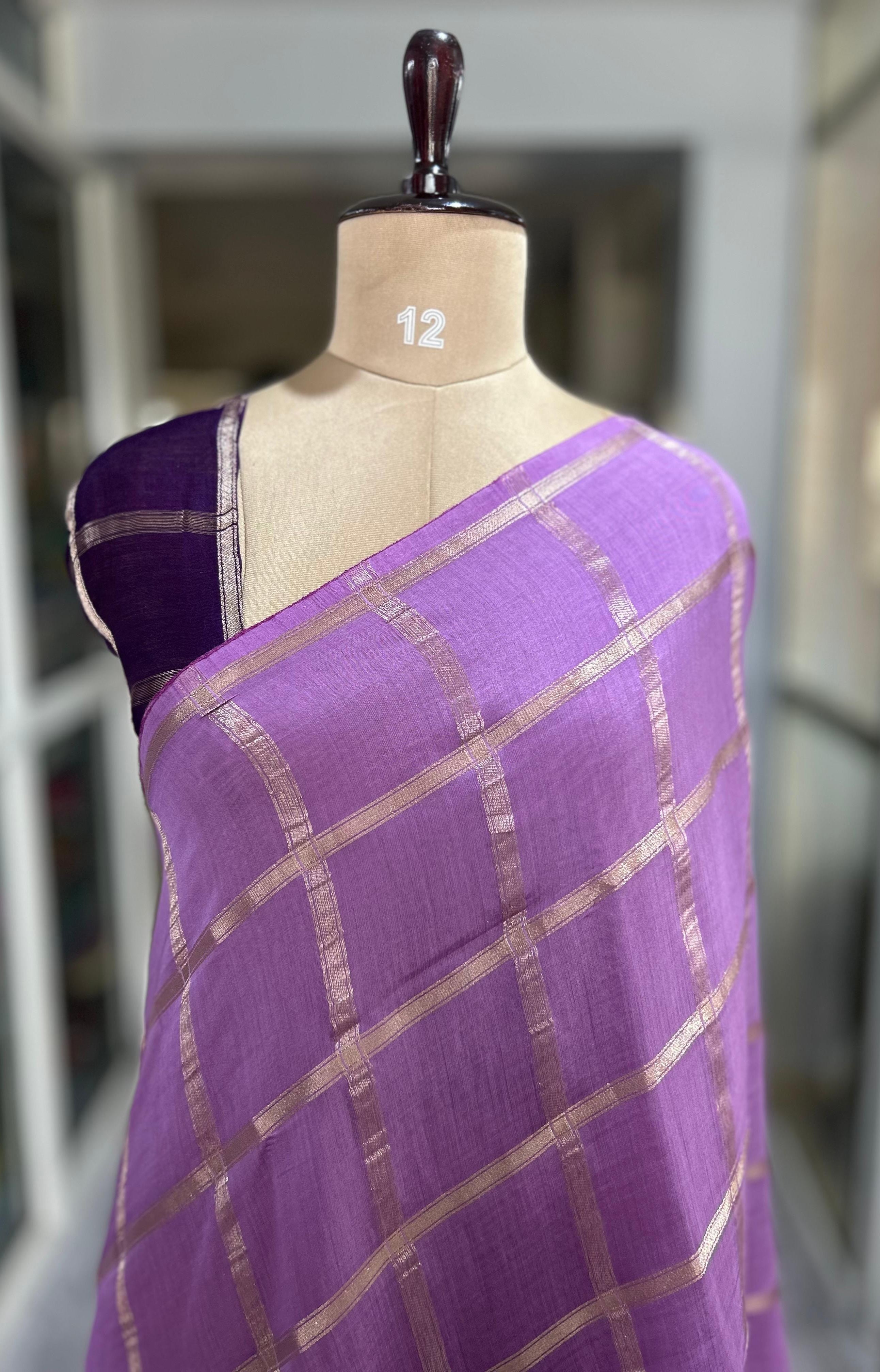 Lavender soft tussar crepe checks  saree